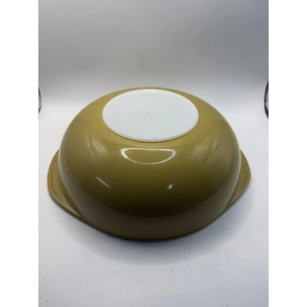Vintage Pyrex Yellow Round Serving Bowl White Interior Glass USA Ovenware